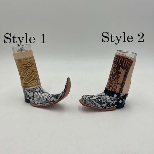 Cowboy Boot Shot Glass | Authentic Mexican Leather-Wrapped Glass - two hand-blown leather-wrapped boot shot glasses, Style 1 tan and Style 2 brown