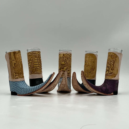 Cowboy Boot Shot Glass | Authentic Mexican Leather-Wrapped Glass - hand-blown lead-free glass with stamped floral leather wrap, curled toe design
