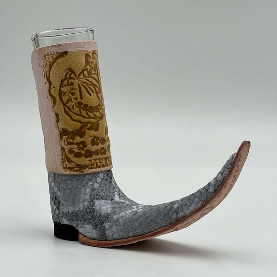 Cowboy Boot Shot Glass | Authentic Mexican Leather-Wrapped Glass - hand-blown glass with curled toe and stamped floral leather wrap