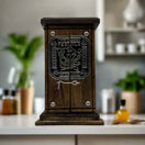 Handmade Shot Glass & Decanter Set | Mexican Rustic Wood Box - handblown Mexican tequila set in rustic wood box with metal emblem