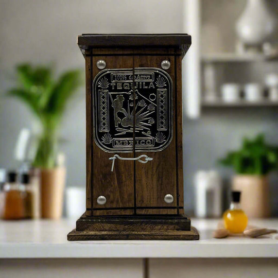 Handmade Shot Glass & Decanter Set | Mexican Rustic Wood Box - handblown Mexican tequila set in rustic wood box with metal emblem