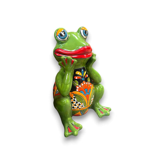 Talavera Frog Statue | Vibrant Hand-Painted Mexican Ceramic Art — hand-painted green Talavera frog with red lips and colorful chest pattern