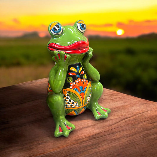 Vibrant Hand-Painted Talavera Frog Statue | Large Mexican Ceramic Art