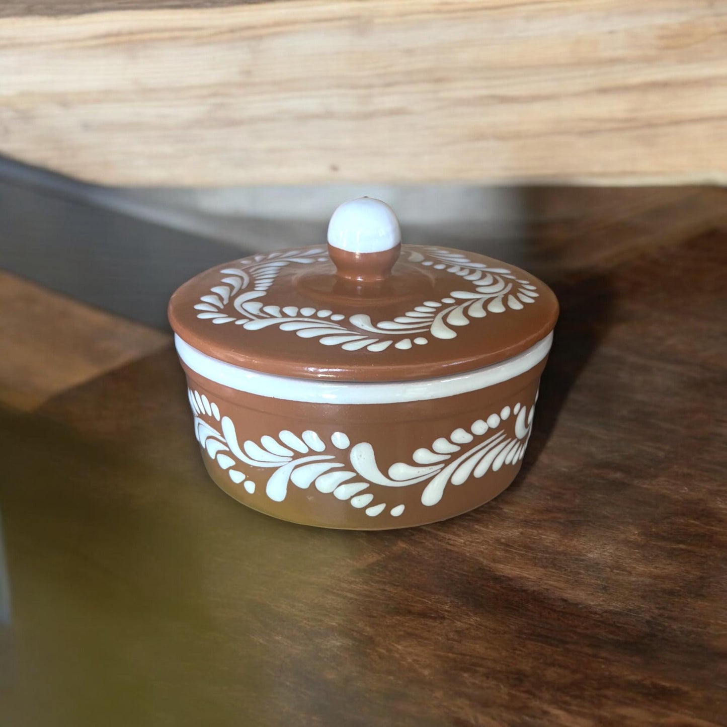 Hand-Painted Talavera Tortilla Warmer | Brown & White Design