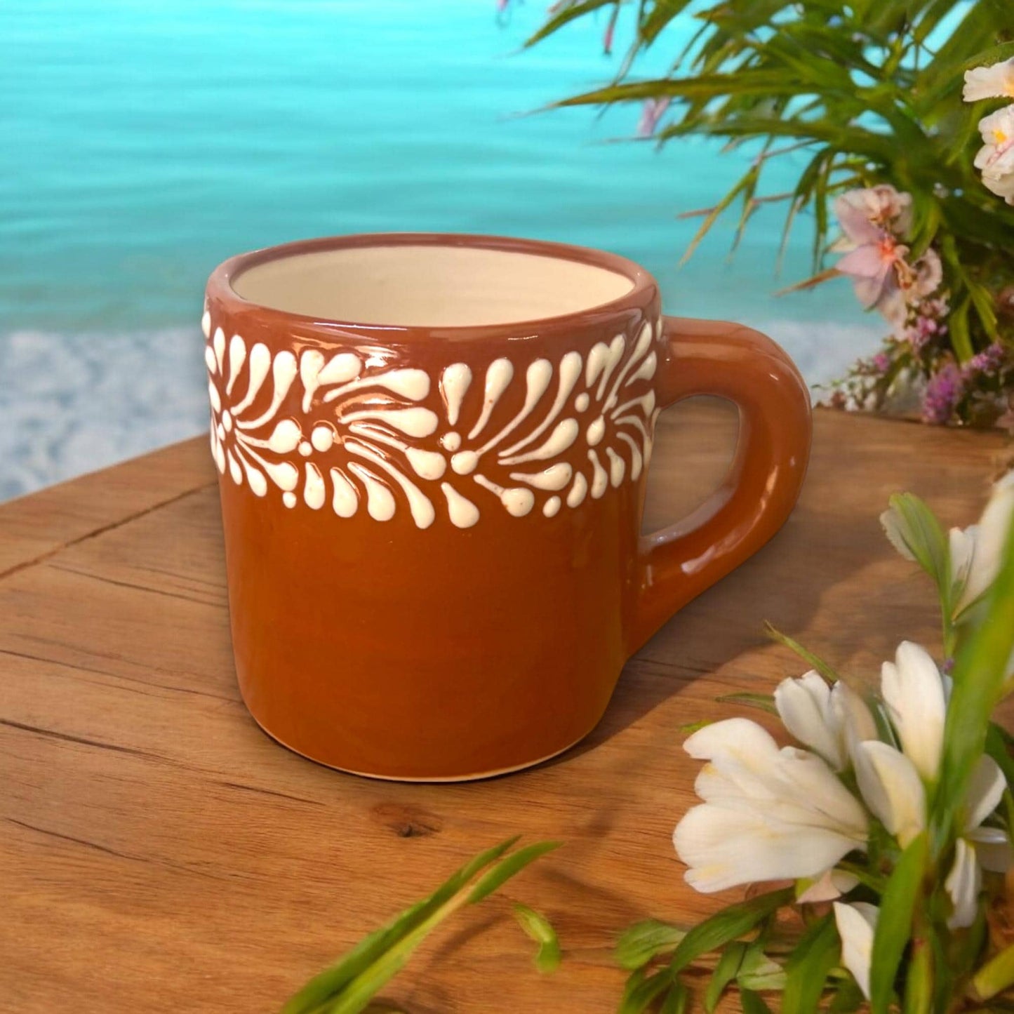 Colorful Talavera Coffee Mug | Hand-Painted Brown & White Ceramic Mug