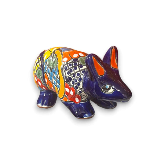 Talavera Armadillo Figurine | Hand-Painted Mexican Decor - hand-painted orange and blue Talavera armadillo with multi-color floral patterns, kiln-fired glaze