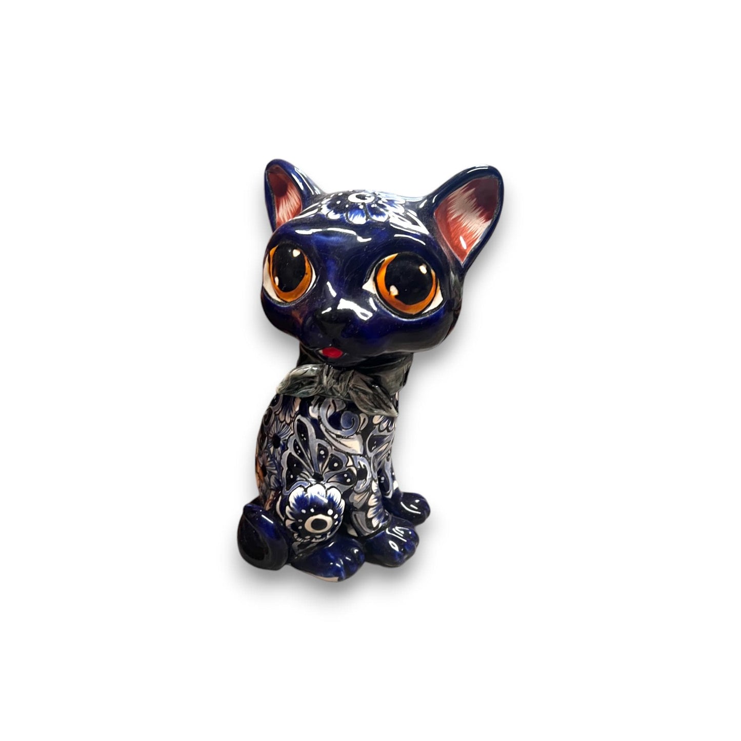 Hand-Painted Talavera Cat Sculpture | Mexican Folk Art Decoration (Medium)