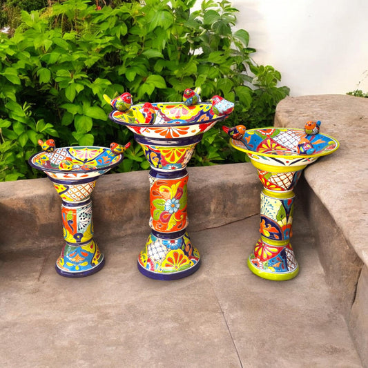 Set of 3 Hand-Painted Talavera Bird Baths | Authentic Mexican Ceramic Art in Three Sizes