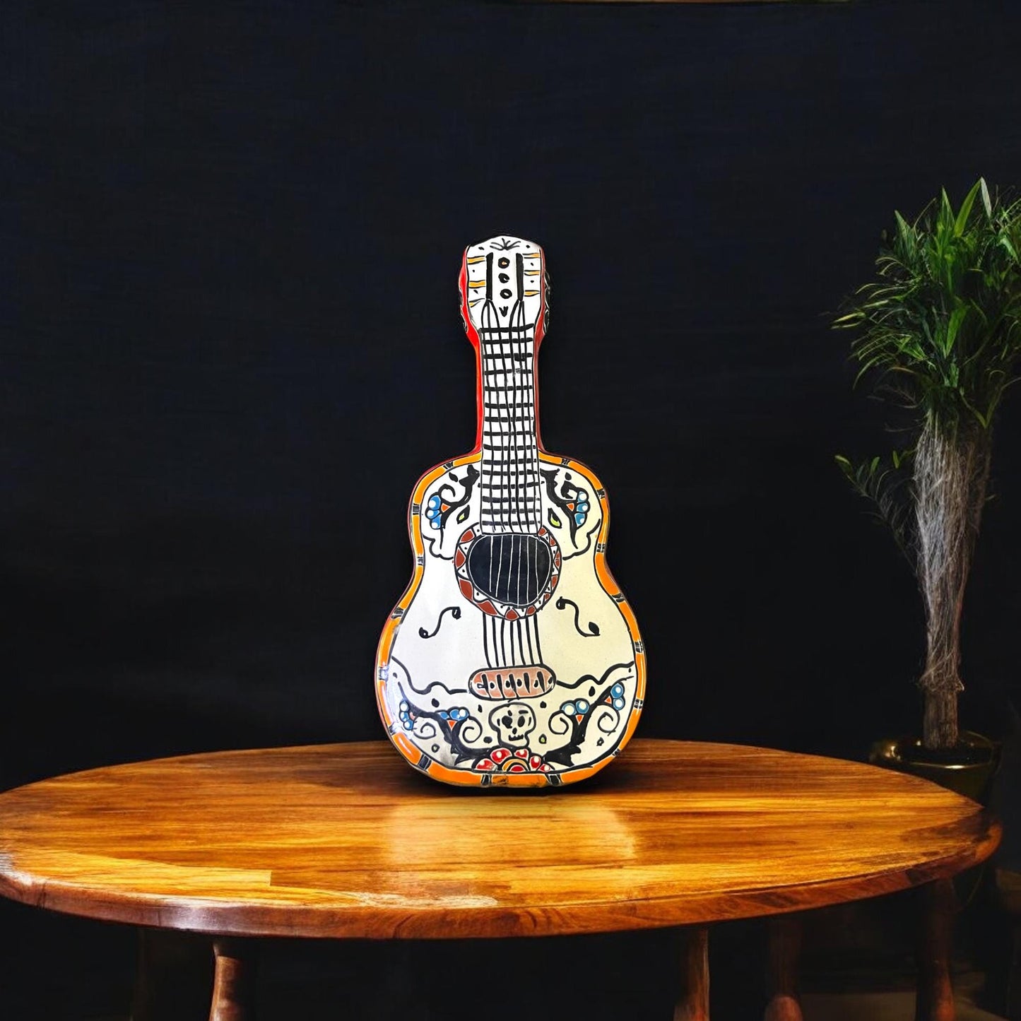 Hand-Painted Talavera Guitar Sculpture | Mexican Folk Art Statue