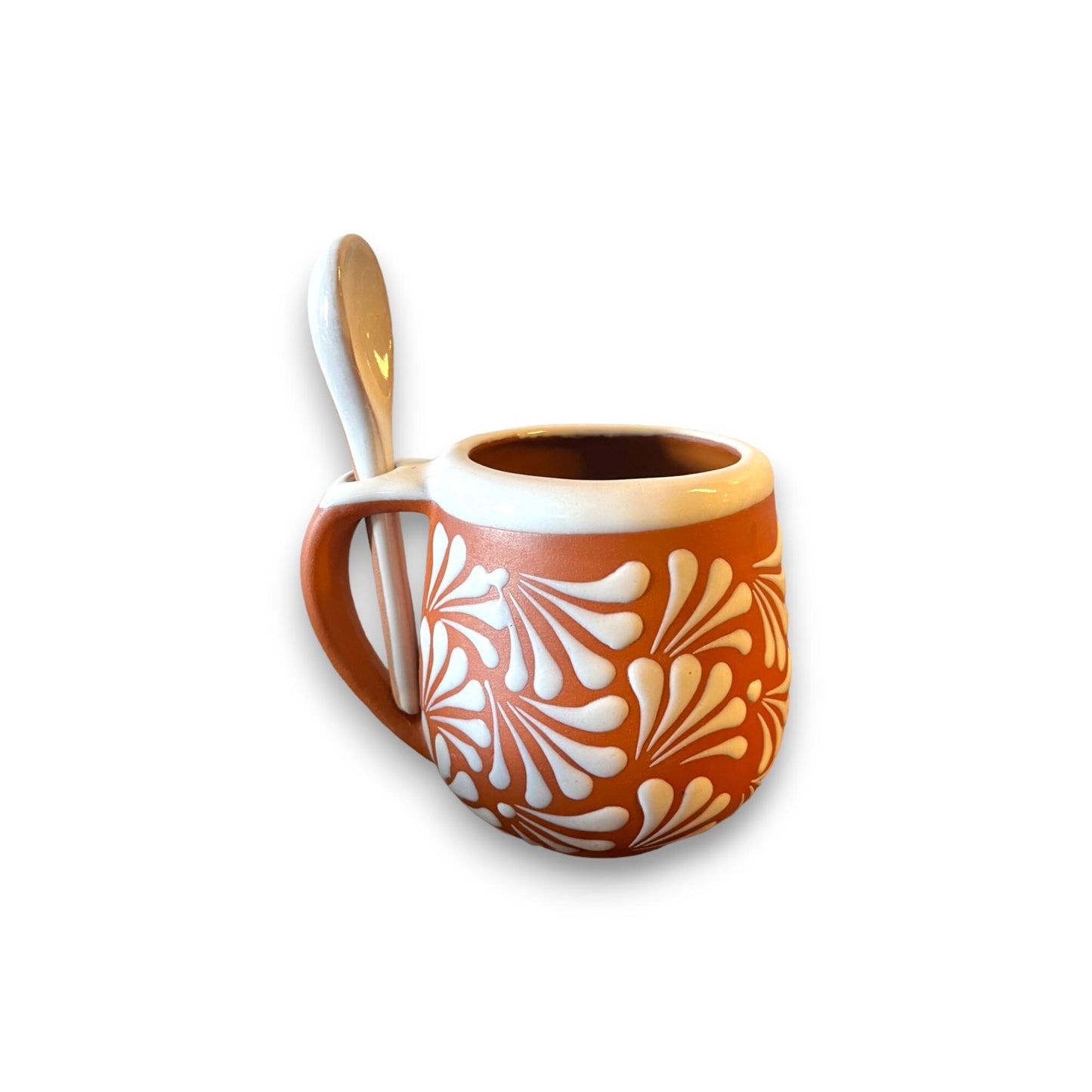 Handmade Talavera Mug with Spoon | Authentic Mexican Clay Jarritos 4-inch