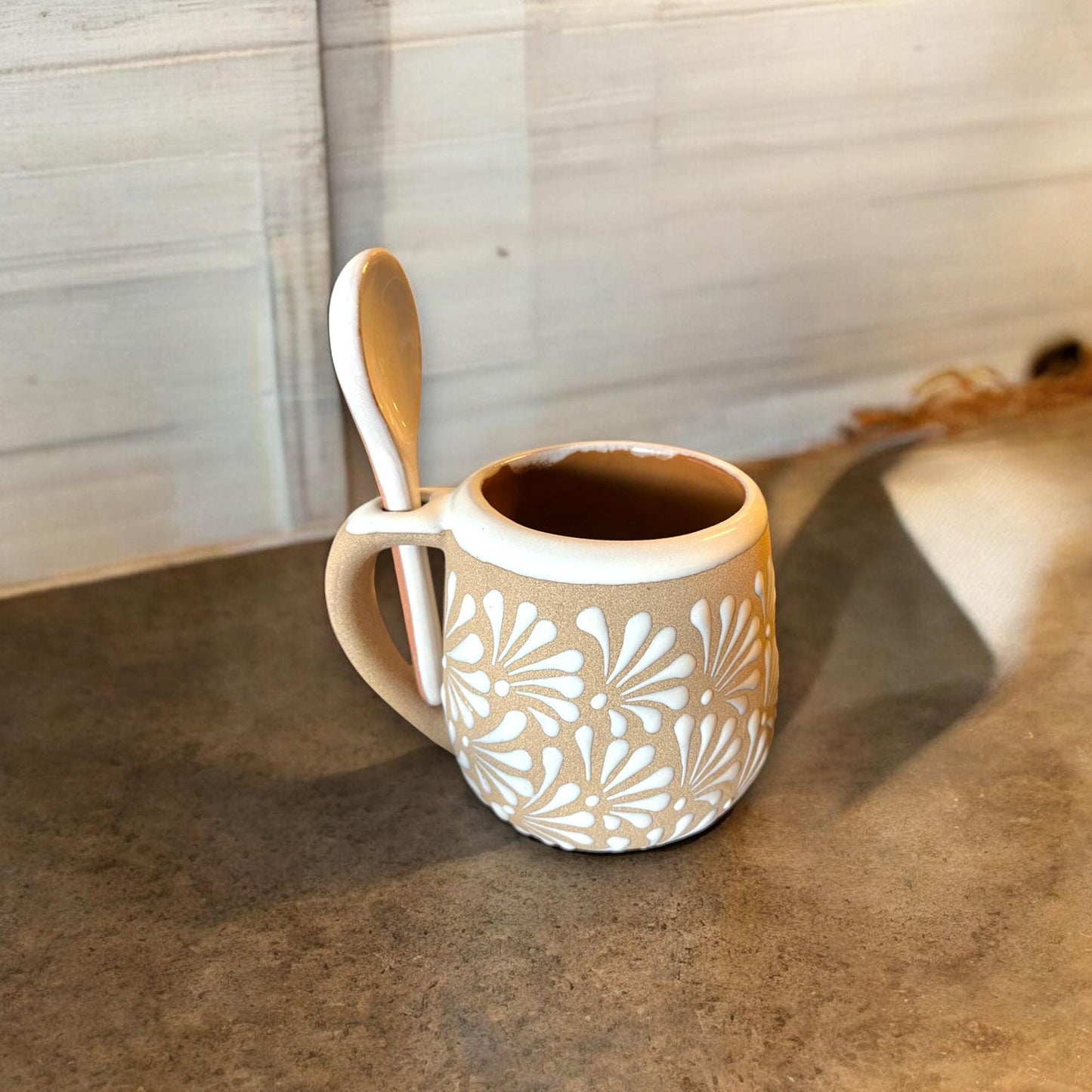 Handmade Talavera Mug with Spoon | Authentic Mexican Clay Jarritos 4-inch