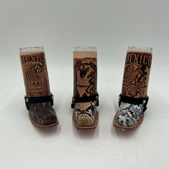 Cowboy Boot Shot Glass | Authentic Mexican Leather-Wrapped Glass - set of three hand-blown Mexican leather-wrapped boot shot glasses