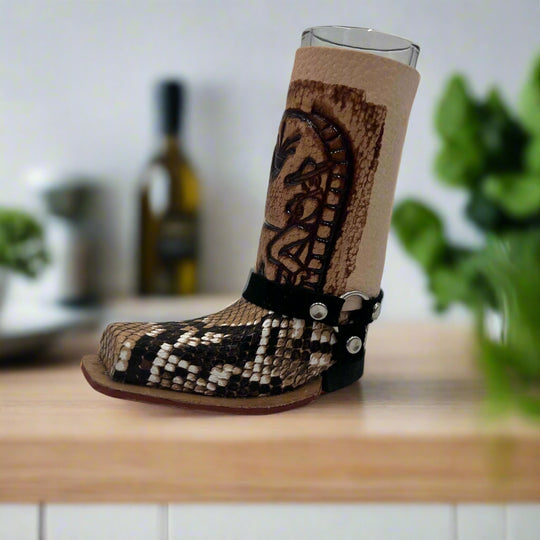 Cowboy Boot Shot Glass | Authentic Mexican Leather-Wrapped Glass — hand-blown lead-free glass with stamped floral leather wrap and curled toe