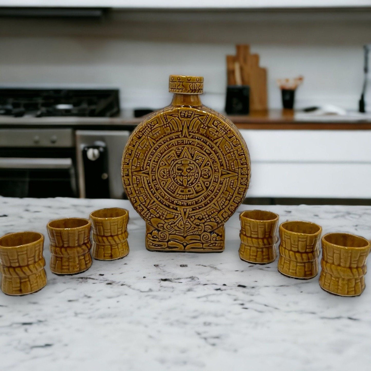 Authentic Mexican Handmade Shot Glass and Tequila Set | Aztec Calendar Decanter