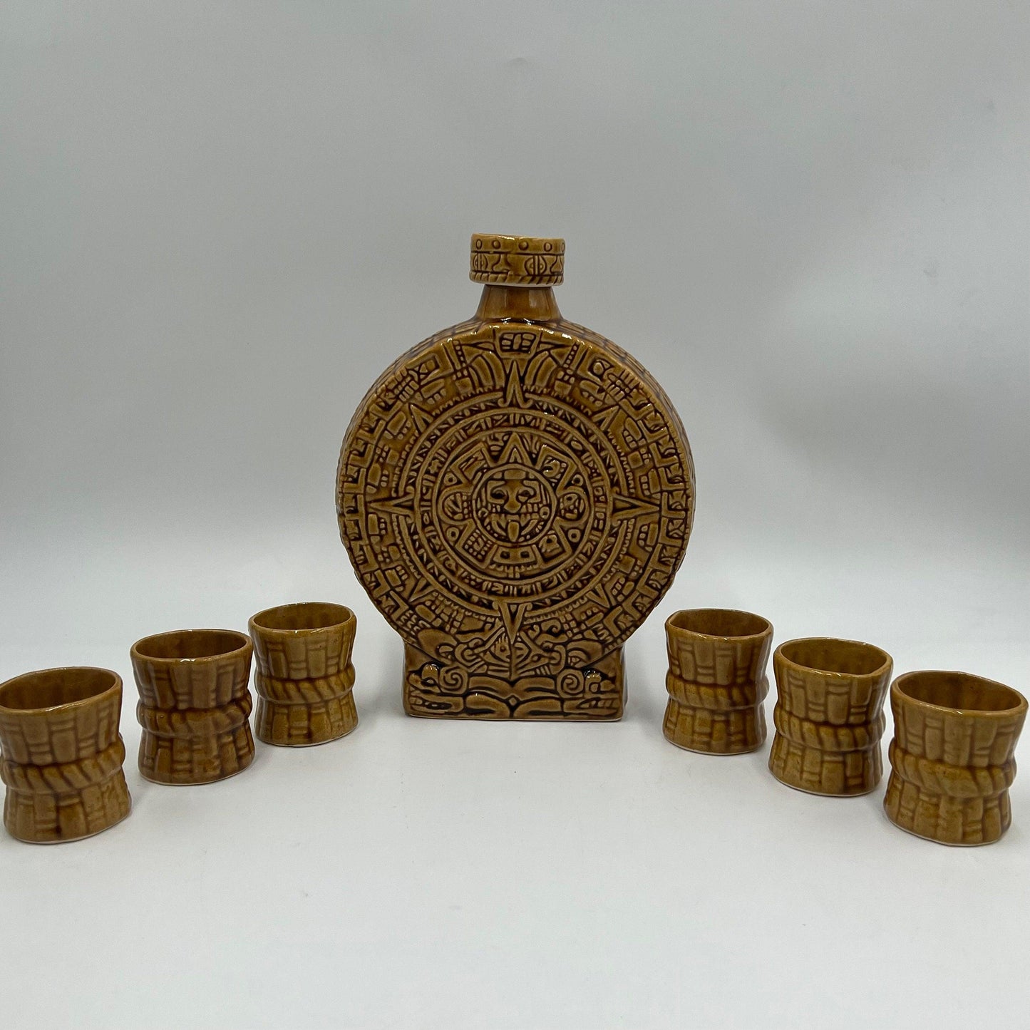 Authentic Mexican Handmade Shot Glass and Tequila Set | Aztec Calendar Decanter