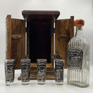 Handmade Shot Glass & Decanter Set | Mexican Rustic Wood Box displayed with handblown decanter and four shot glasses in rustic wooden box