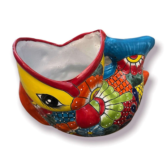 Rare XL Talavera Fish Planter | Hand-Painted Mexican Statue Pottery - colorful hand-painted Talavera fish planter from Guanajuato, kiln-fired lead-free glaze
