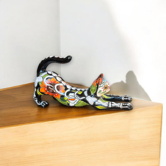 Handmade Talavera Stretching Cat Statue | Day of the Dead Mexican Folk Art