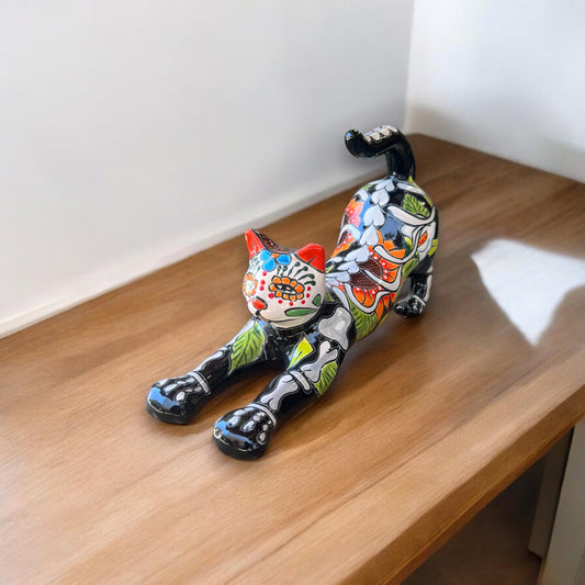 Handmade Talavera Stretching Cat Statue | Day of the Dead Mexican Folk Art