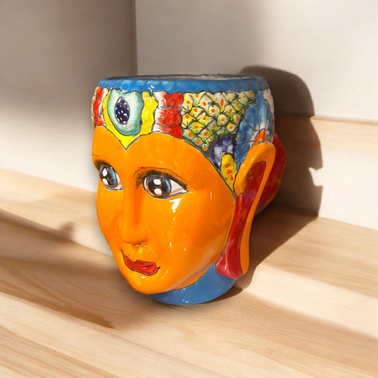 Hand-Painted Mexican Talavera Face Planter | Folk Art Lady Design (Large)