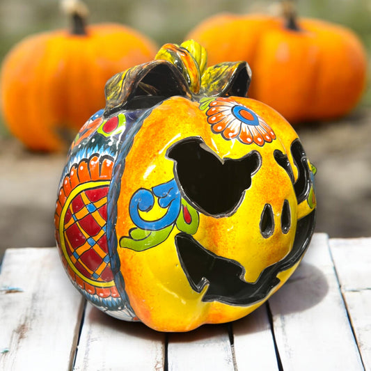 XL Talavera Pumpkin | Handmade Mexican Jack-o'-Lantern Art (14" Diameter)