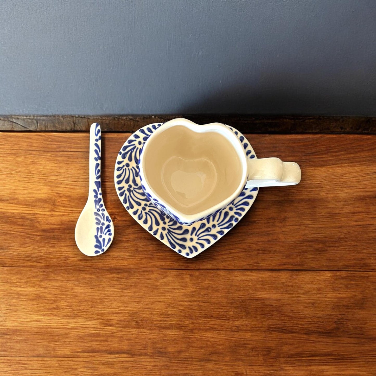 Hand-Painted Talavera Heart Mug Set | Mexican Ceramic Coffee Cup, Plate, Spoon