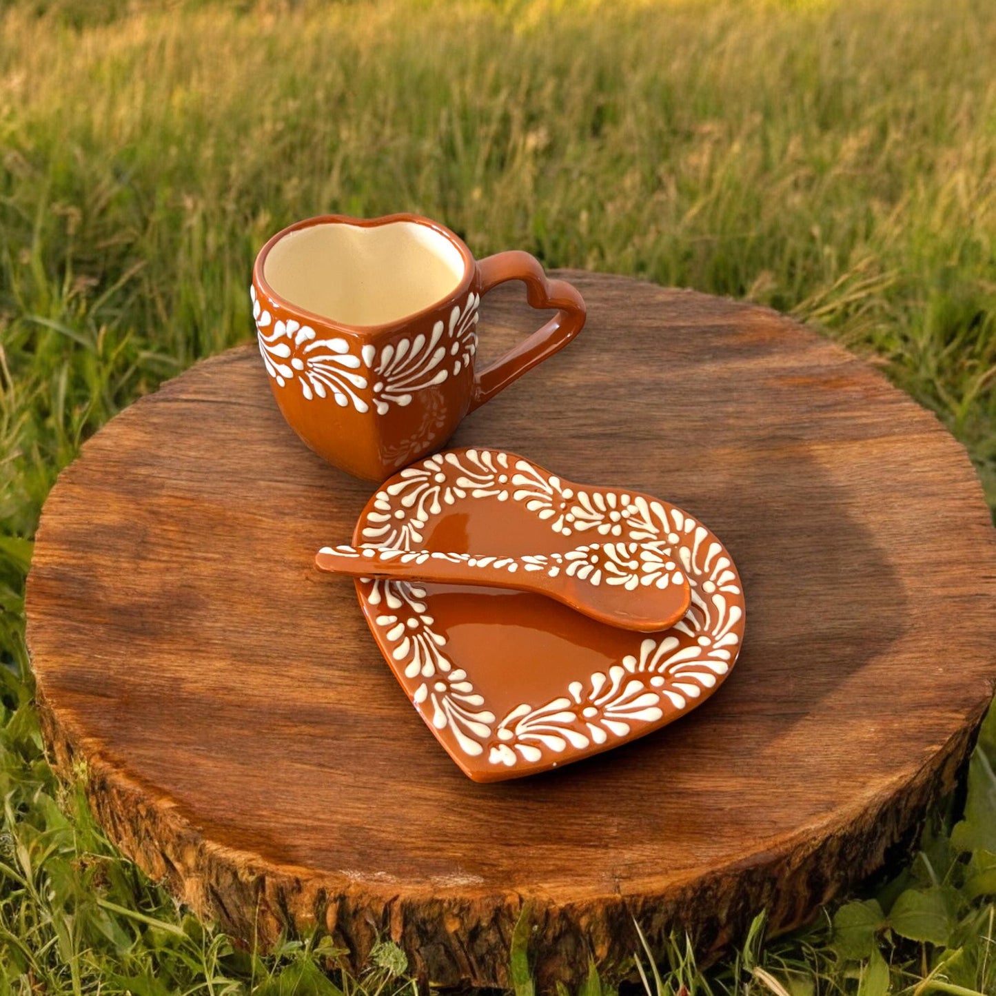 Hand-Painted Talavera Heart Mug Set | Mexican Ceramic Coffee Cup, Plate, Spoon