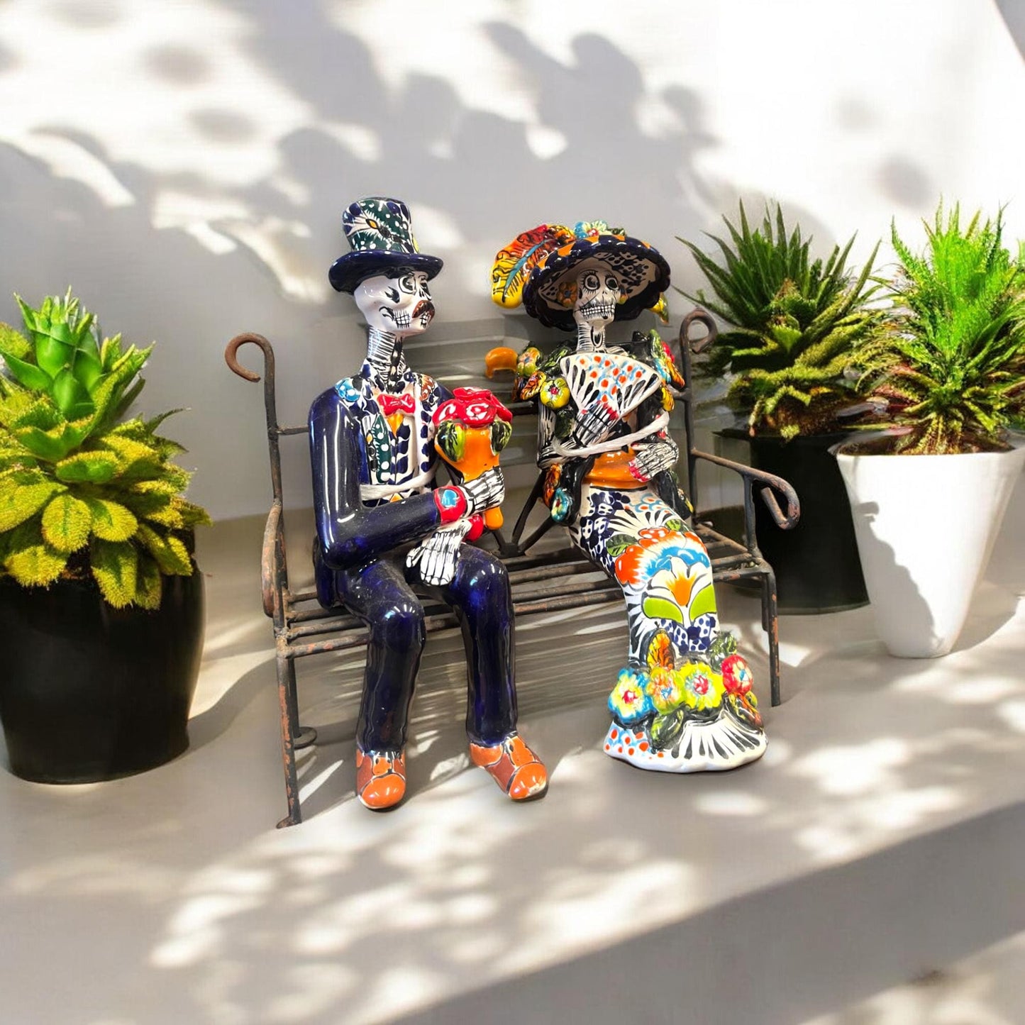 Talavera Skeleton Couple on a Bench | Handmade Day of the Dead Pottery (Medium)