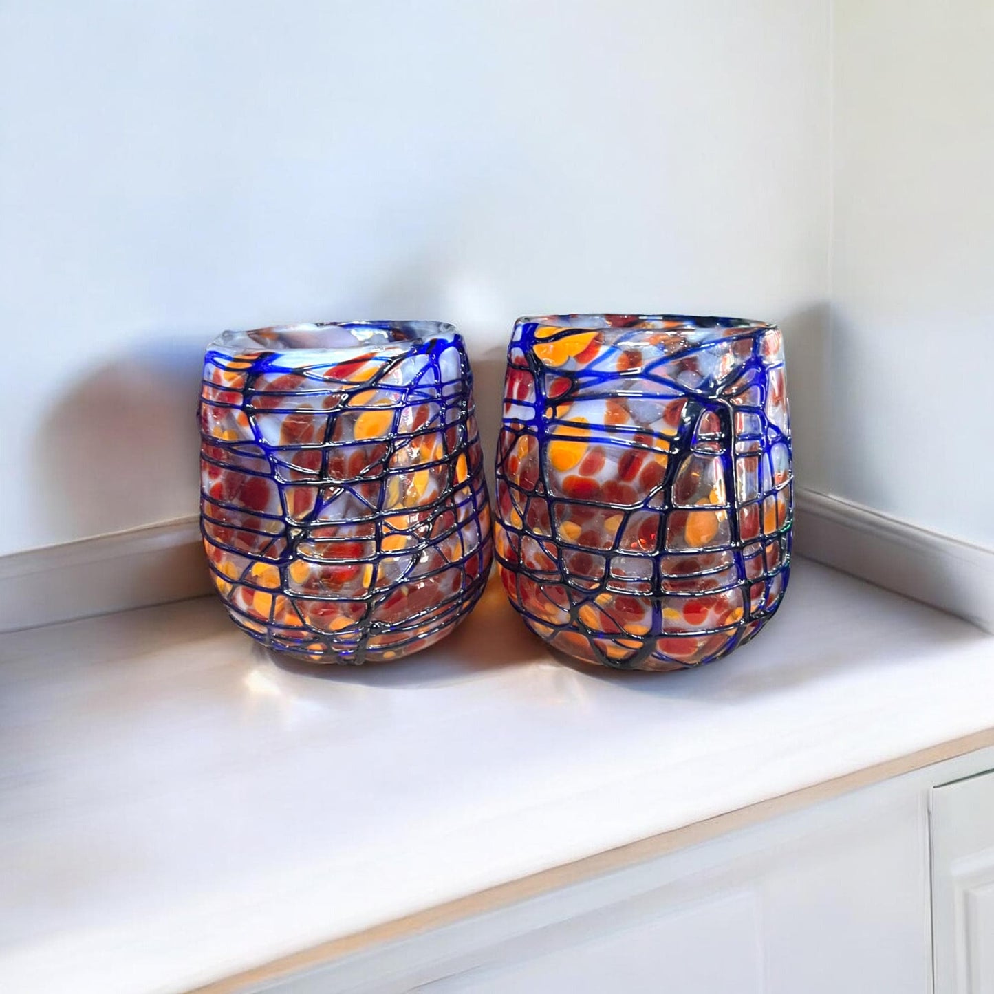 Hand-Blown Stemless Wine Glass | Orange & Blue Swirl Mexican Glassware