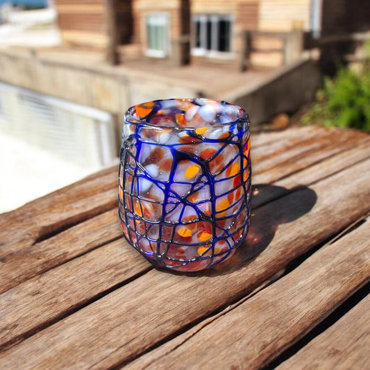 Hand-Blown Stemless Wine Glass | Orange & Blue Swirl Mexican Glassware