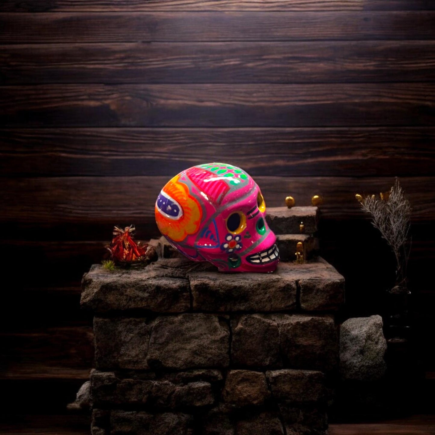 Hand-Painted Guerrero Skull | Colorful Mexican Artisan Statue