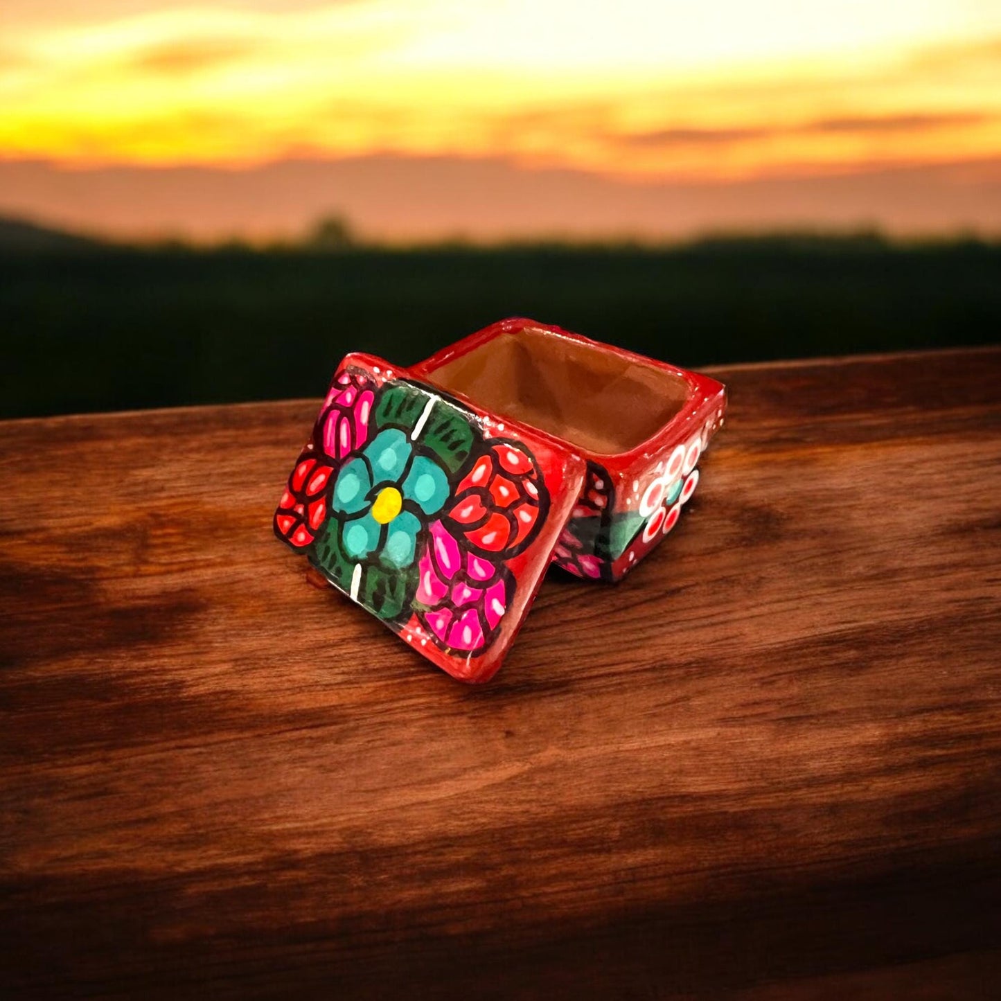 Colorful Hand-Painted Guerrero Jewelry Box | Mexican Ceramic Earring Holder