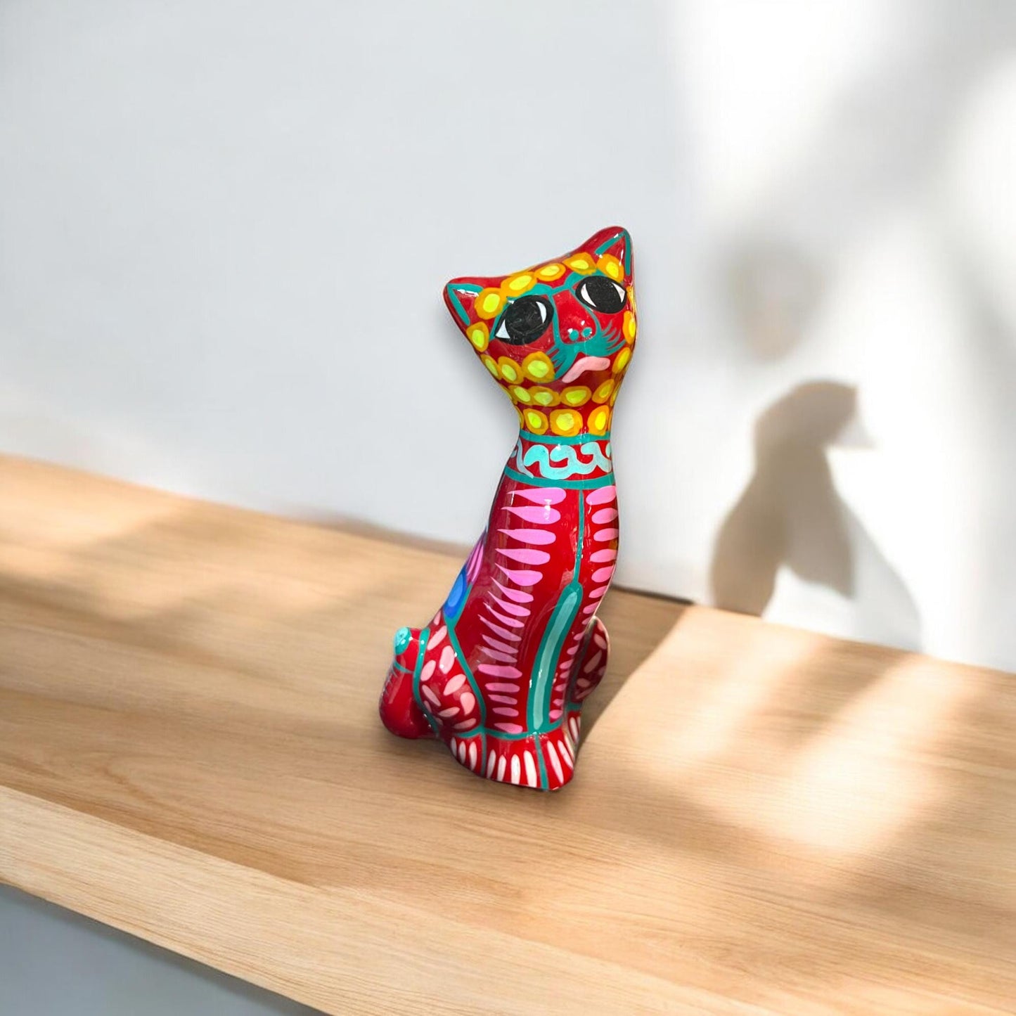 Hand-Painted Guerrero Cat Statue | Colorful Mexican Ceramic Figure (Medium)