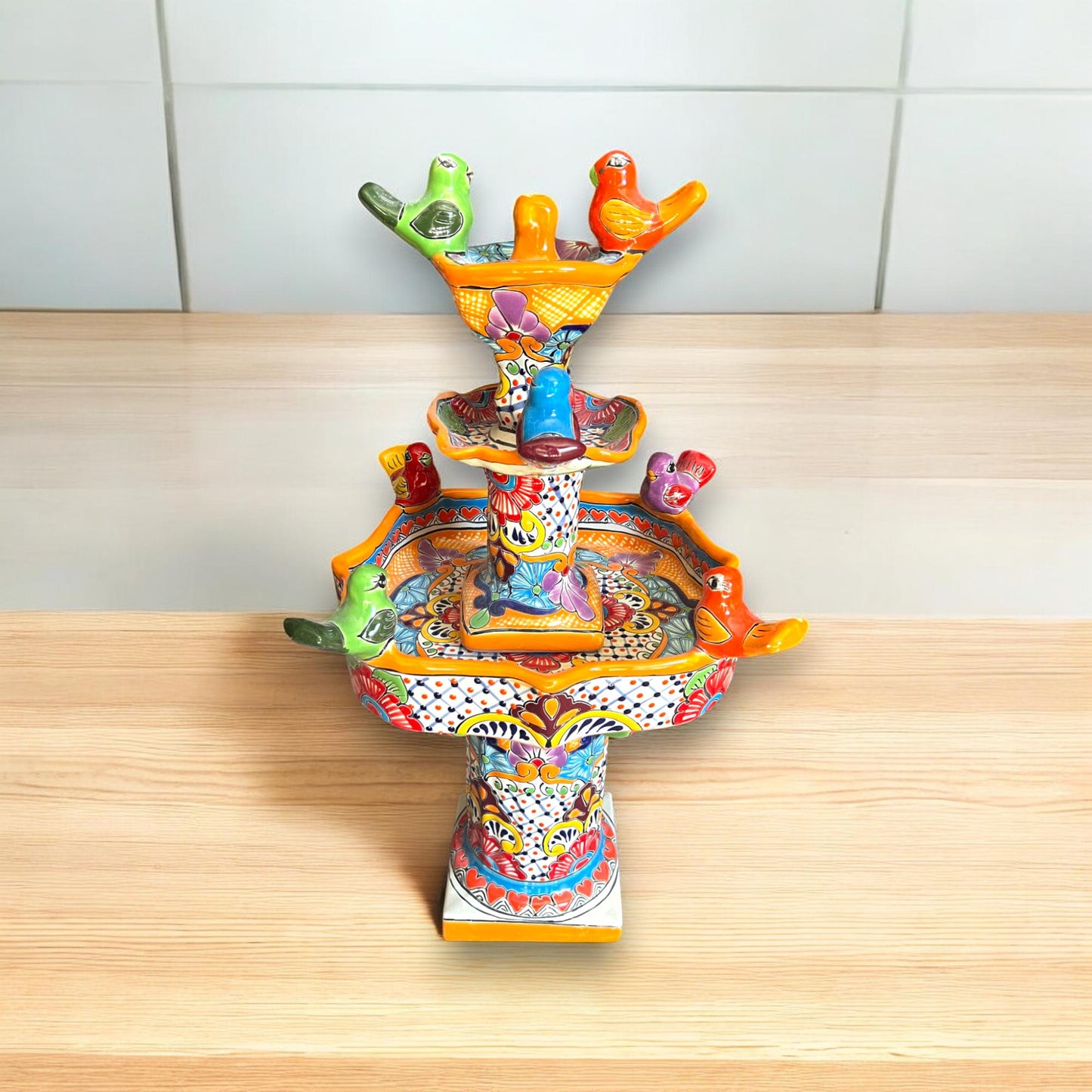 Handmade Talavera Bird Fountain | Authentic Outdoor Water Fountain (27” Tall