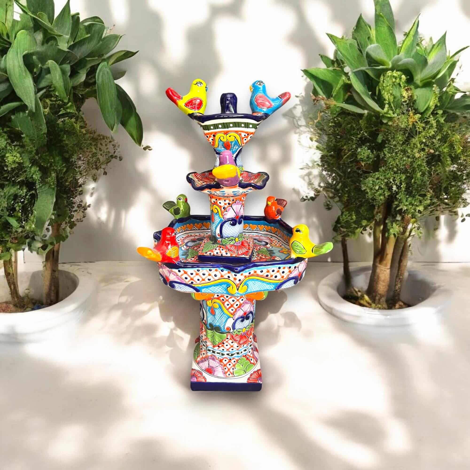 Handmade Talavera Bird Fountain - 27" Outdoor Art