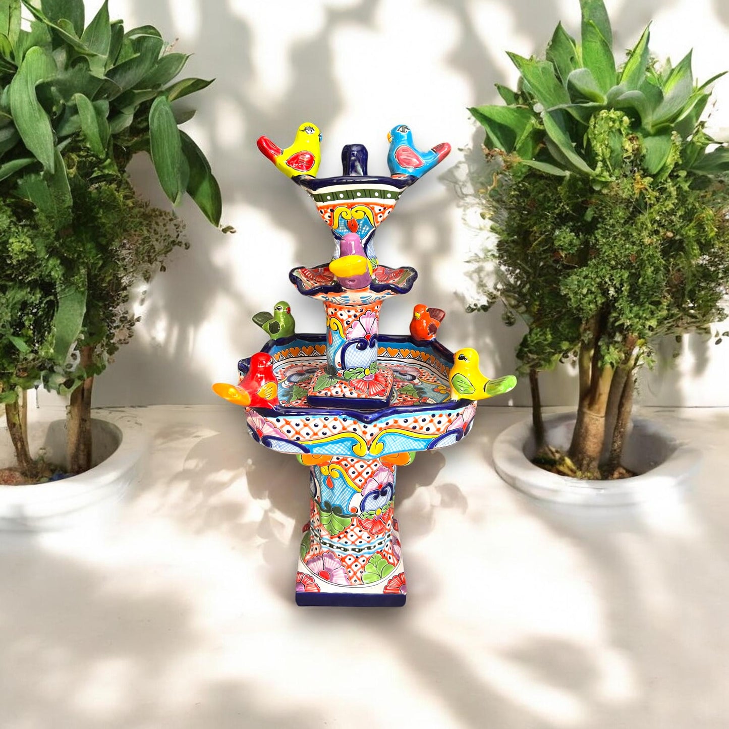 Handmade Talavera Bird Fountain | Authentic Outdoor Water Fountain (27” Tall