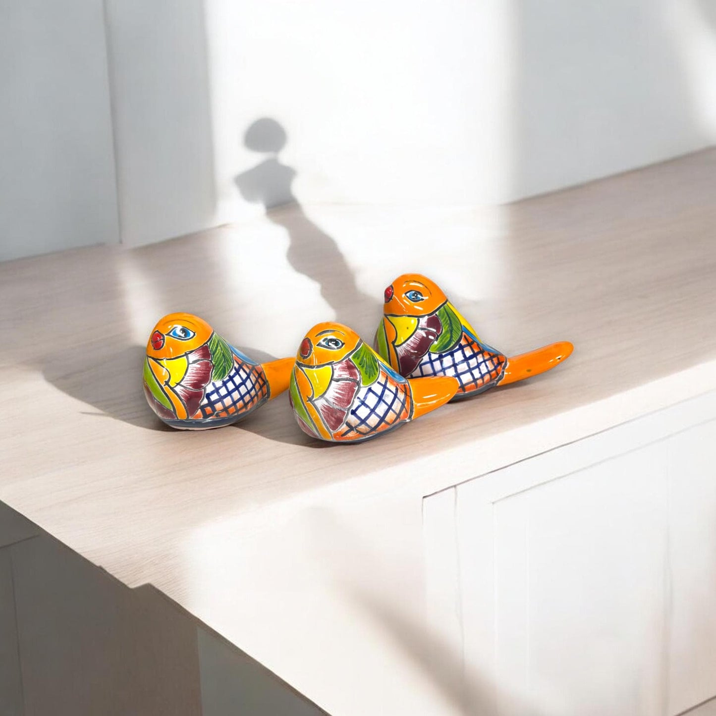 Set of 3 Handmade Talavera Bird Figurines | Mexican Small Yard Decor | Colorful Garden Art