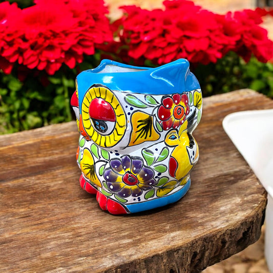 Colorful Talavera Owl Planter | Hand-Painted Mexican Decor