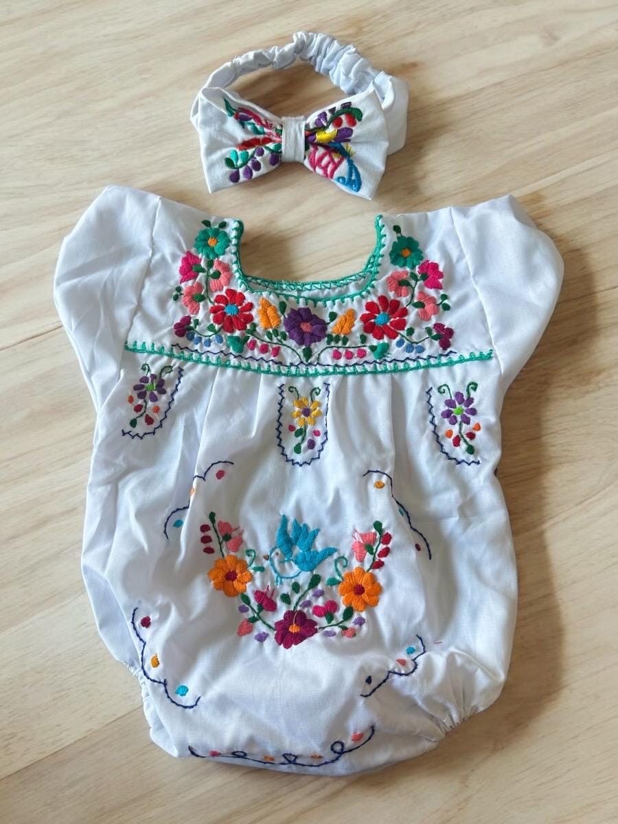 Hand-Embroidered Puebla-Style Romper with Headband - Mexican Floral Design