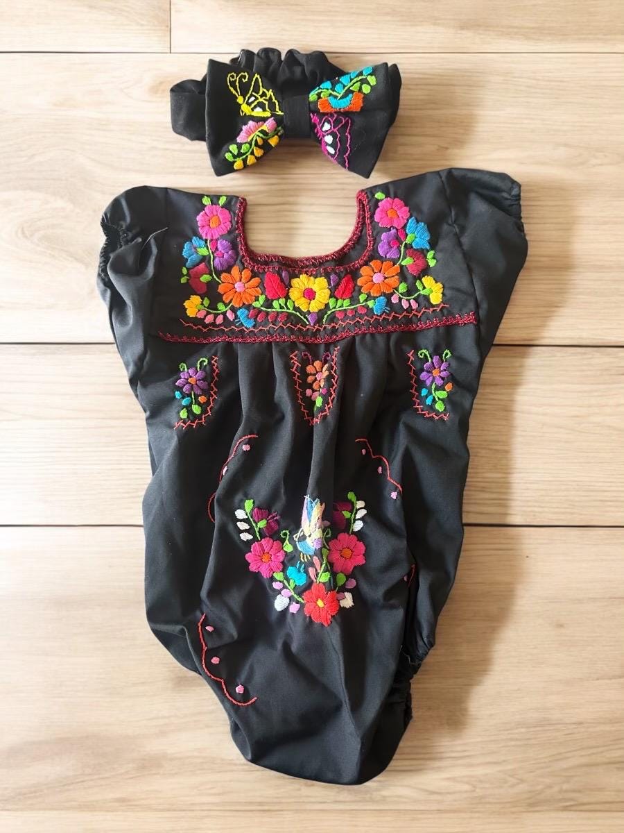 Hand-Embroidered Puebla-Style Romper with Headband - Mexican Floral Design