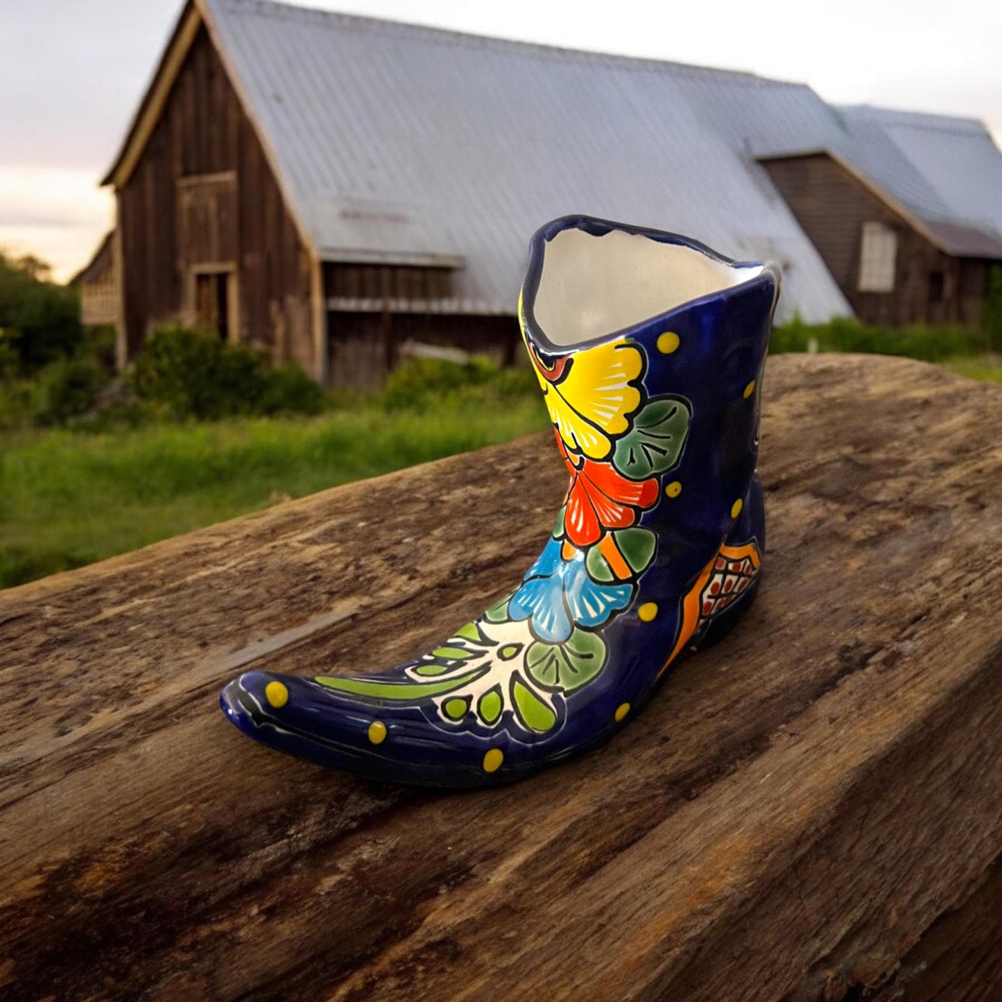 Hand-Painted Talavera Mexican Boot Flower Pot | Colorful Boot Statue Planter