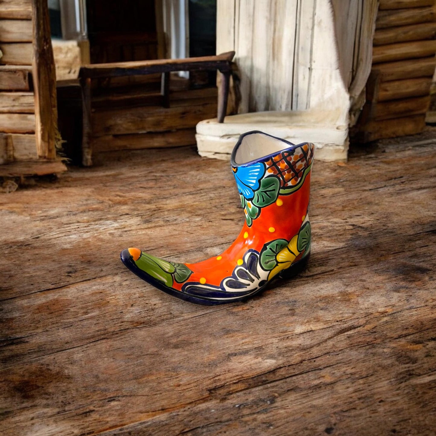 Hand-Painted Talavera Mexican Boot Flower Pot | Colorful Boot Statue Planter