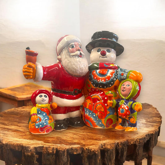 Talavera Santa & Snowman Statue | Festive Hand-Painted Christmas Decoration (Medium)