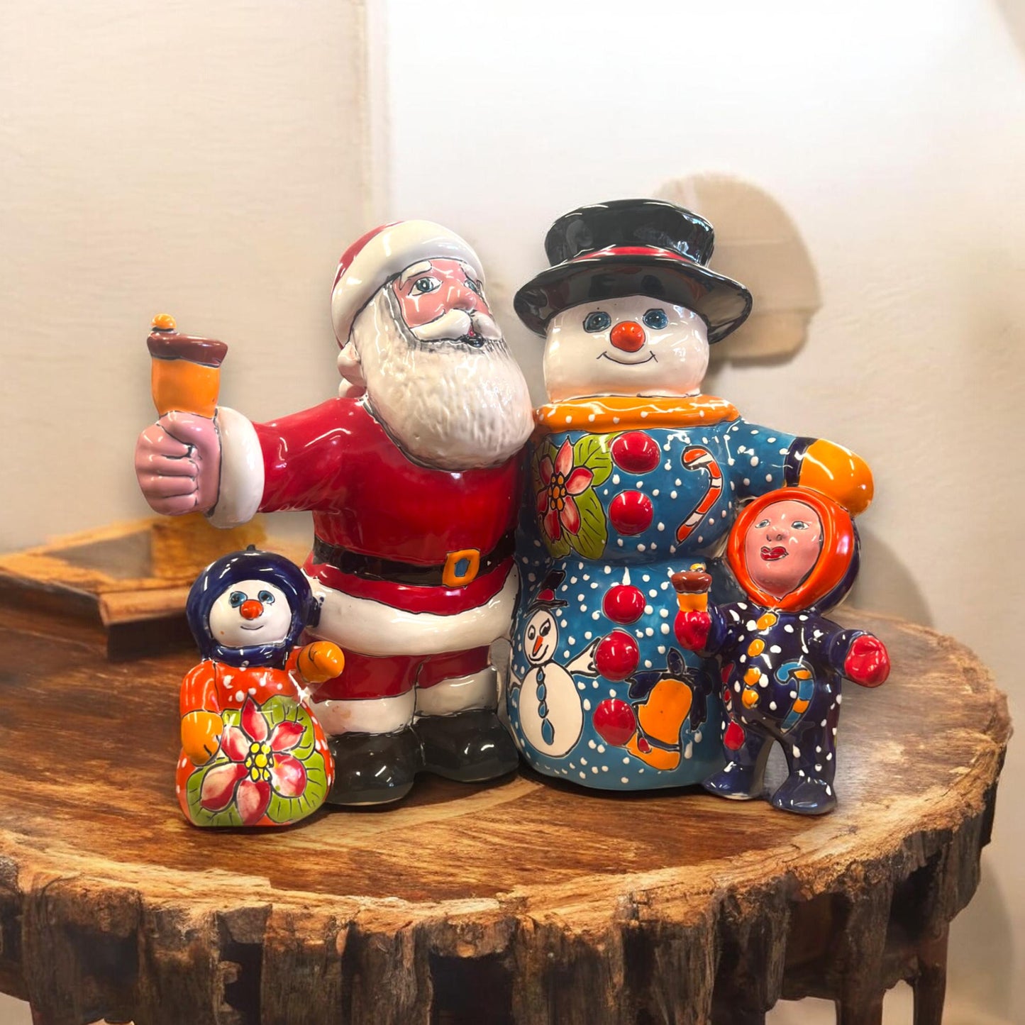 Talavera Santa & Snowman Statue | Festive Hand-Painted Christmas Decoration (Medium)