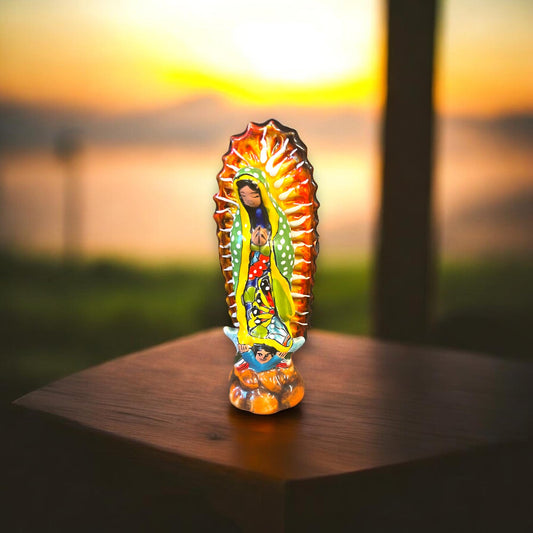 Handmade Talavera Virgin Mary Candle Holder | Virgen de Guadalupe Statue (8" Tall)