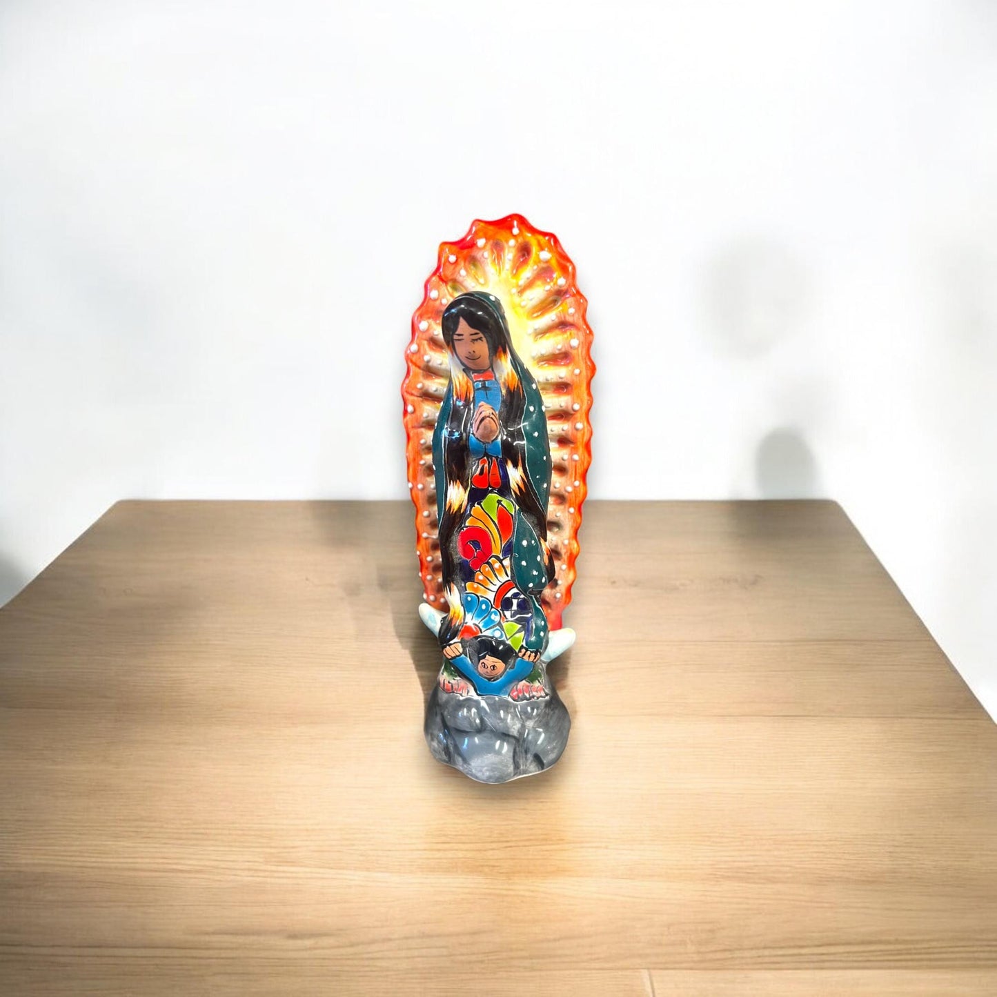 Handmade Talavera Virgin Mary Candle Holder | Virgen de Guadalupe Statue (8" Tall)