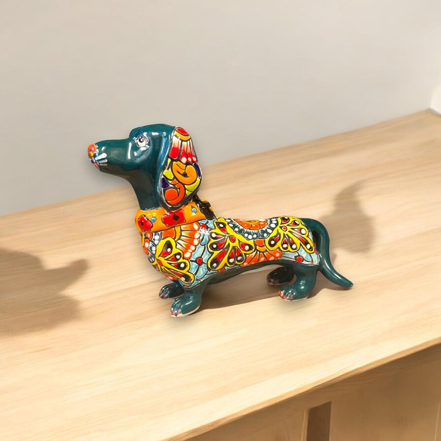 Vibrant Talavera Dachshund Statue | Colorful Hand-Painted Ceramic Art (Medium)