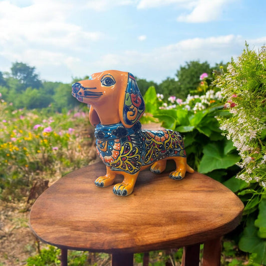 Vibrant Talavera Dachshund Statue | Colorful Hand-Painted Ceramic Art (Medium)