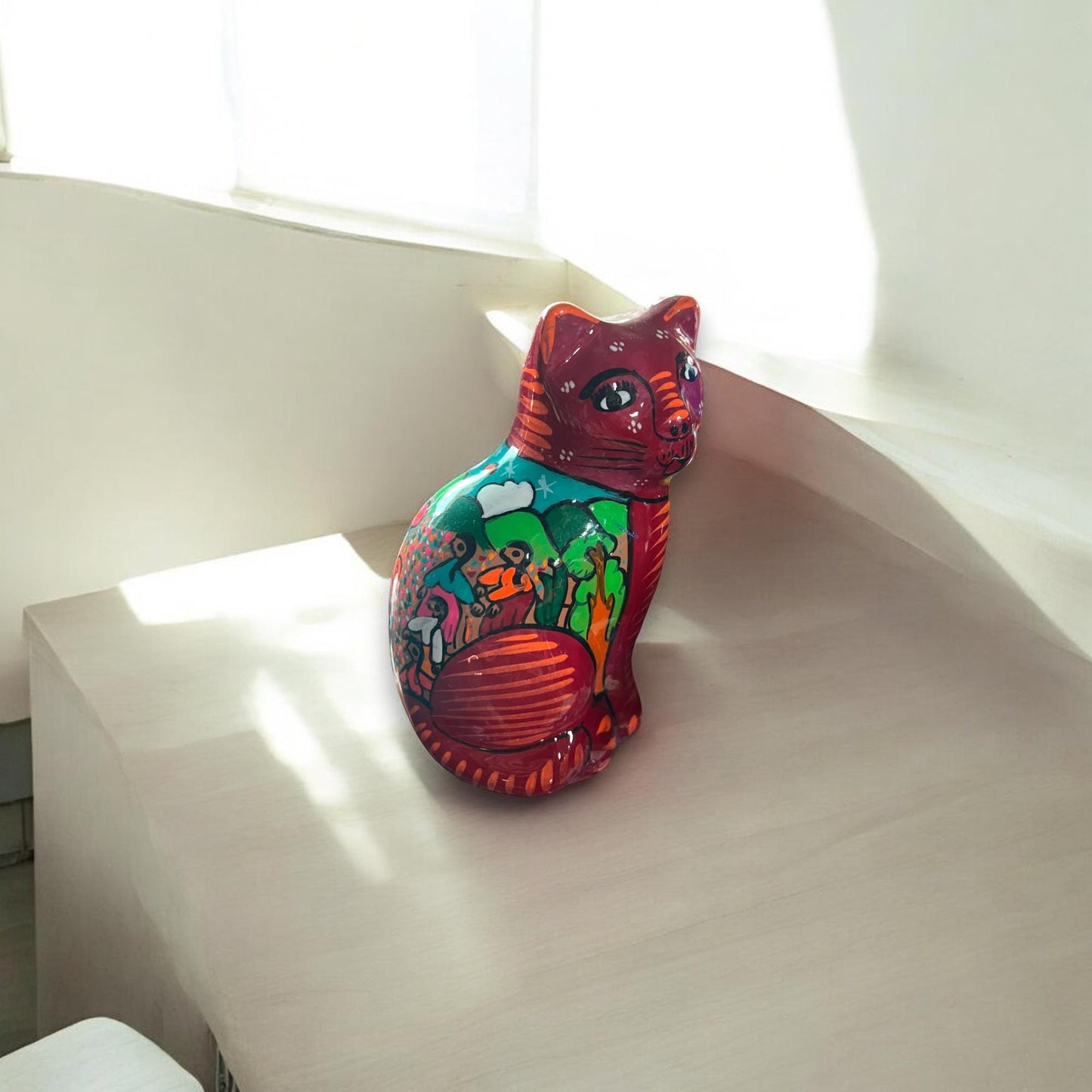 Hand-Painted Talavera Cat | Colorful Mexican Gato Statue (Medium Size)