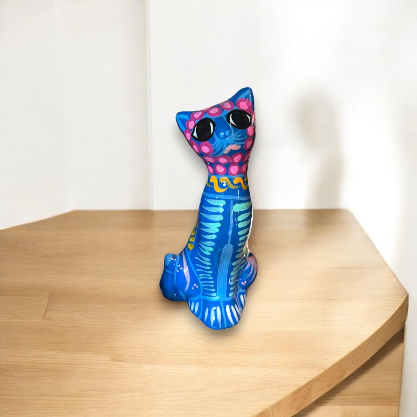 Hand-Painted Guerrero Cat Statue | Colorful Mexican Ceramic Figure (Medium)